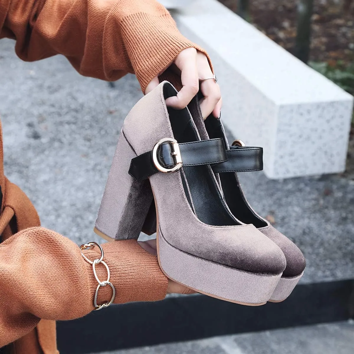 LEHOOR Women Chunky High Heel Round Toe Loafer Pumps Platform Mary Jane Ankle Strap Buckle Ladies Shoes Fashion 4-10 M US