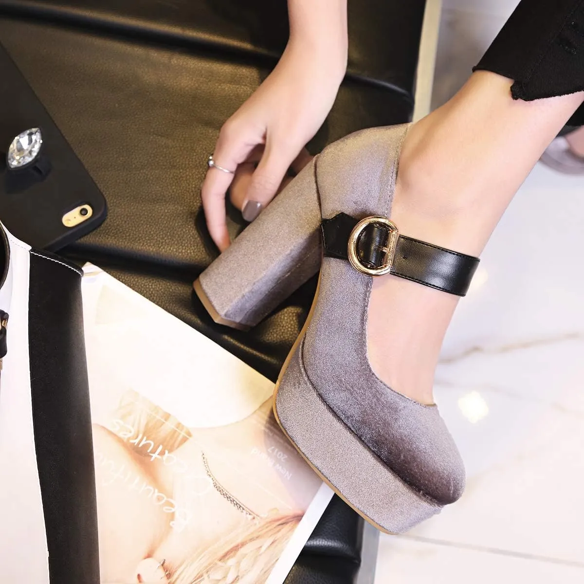 LEHOOR Women Chunky High Heel Round Toe Loafer Pumps Platform Mary Jane Ankle Strap Buckle Ladies Shoes Fashion 4-10 M US