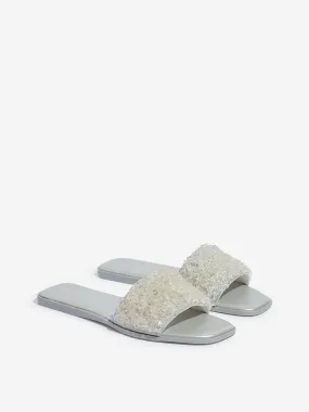 LUNA BLU Silver Crystal Embellished Slides