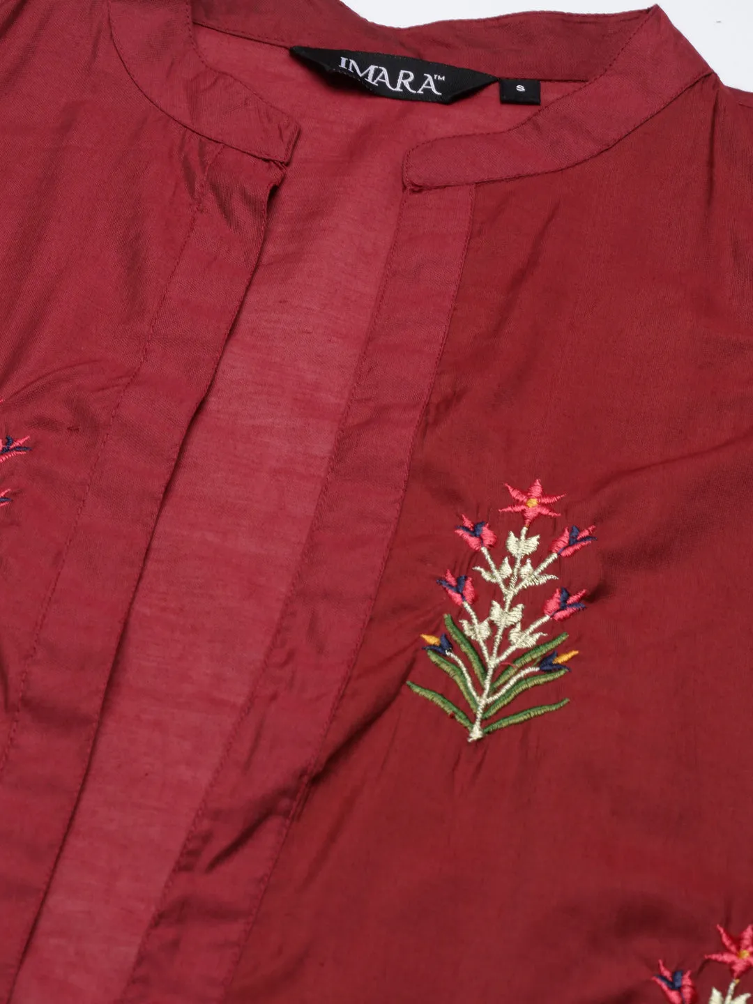 Maroon Embroidered Kurta Set With Jacket