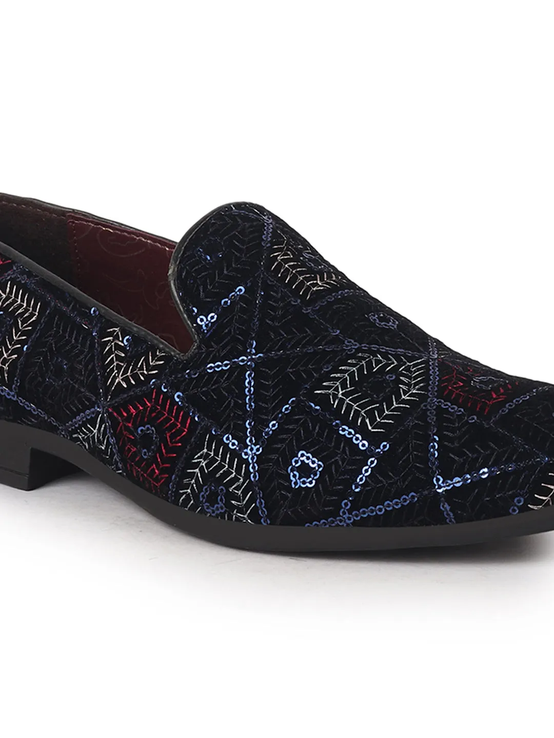 Men Black Blue Silk Zardosi Sequin Velvet Ethnic Slip On Juttis and Mojaris for Wedding|Traditional Sherwani Shoes|Prom Slip-On Tuxedo Shoes