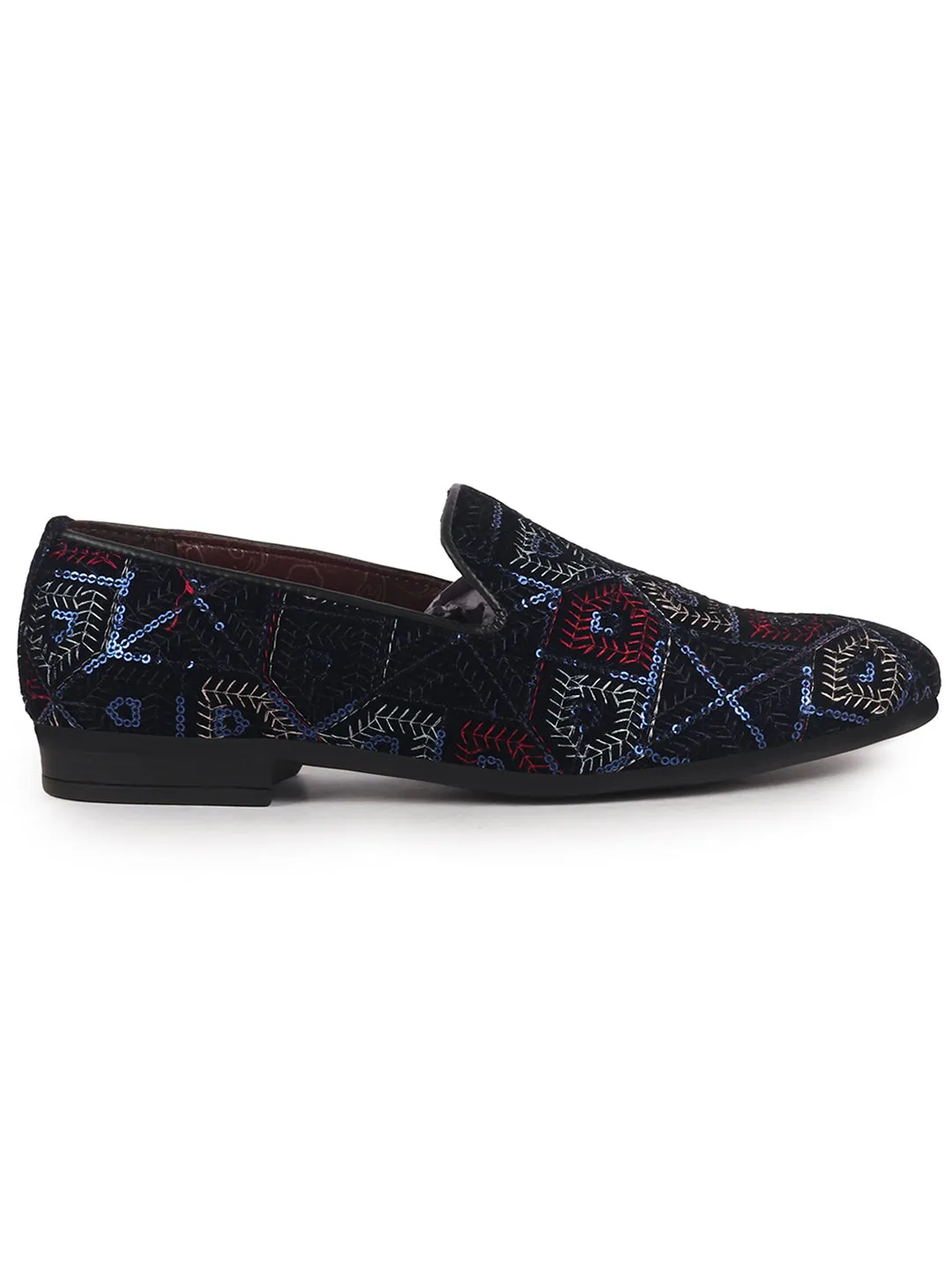 Men Black Blue Silk Zardosi Sequin Velvet Ethnic Slip On Juttis and Mojaris for Wedding|Traditional Sherwani Shoes|Prom Slip-On Tuxedo Shoes