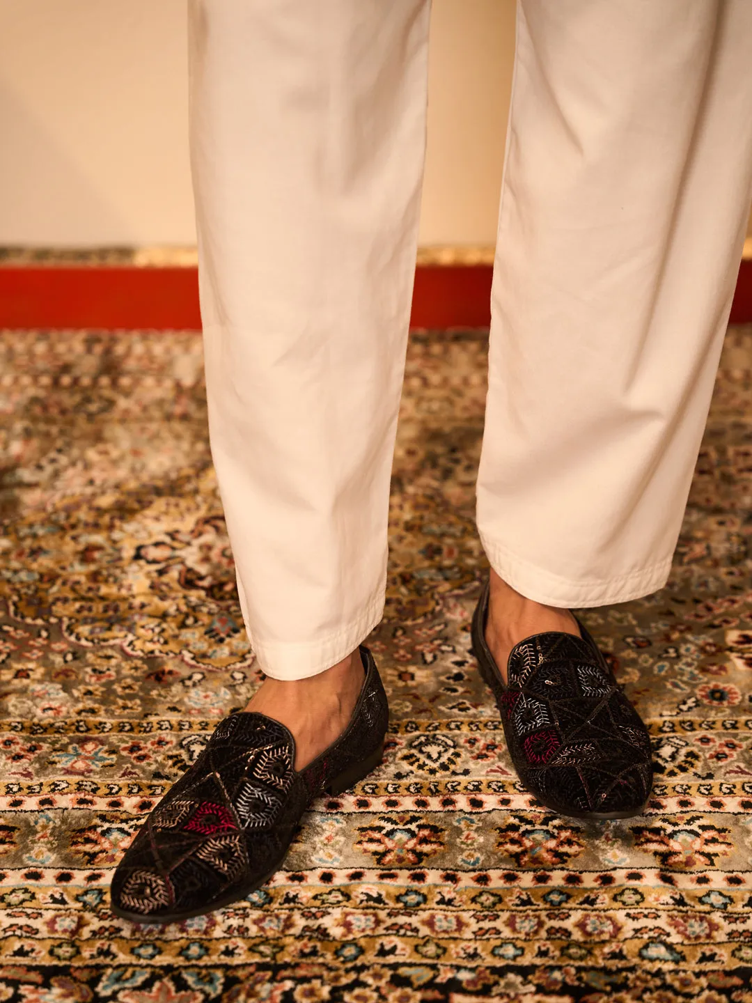 Men Black Blue Silk Zardosi Sequin Velvet Ethnic Slip On Juttis and Mojaris for Wedding|Traditional Sherwani Shoes|Prom Slip-On Tuxedo Shoes