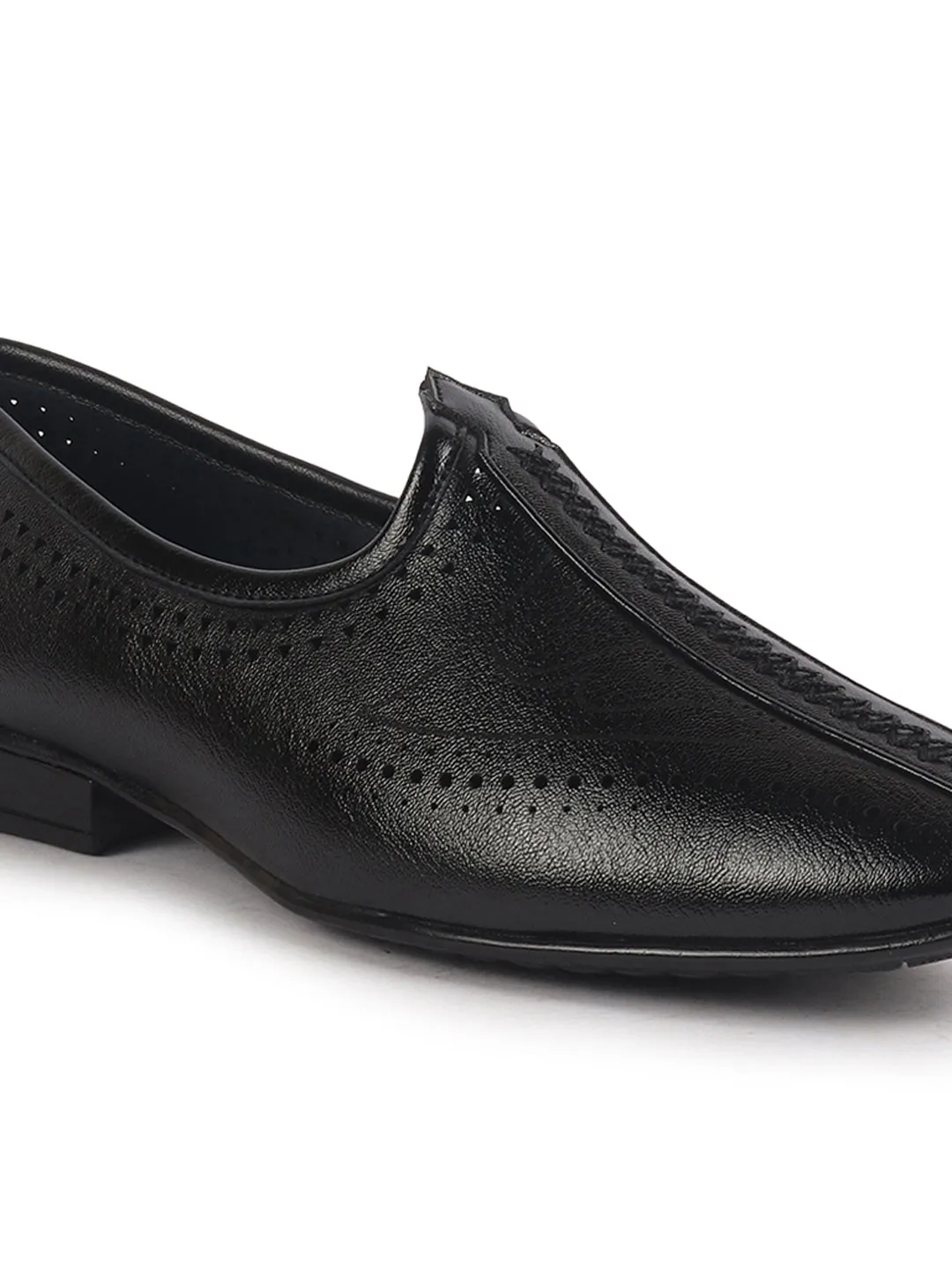 Men Black Breathable Slip On Ethnic Juttis and Mojaris for Wedding|Party Slip On Evening Shoes|Traditional Striped Mojaris