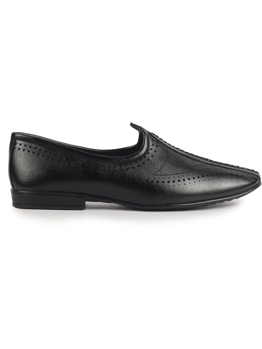 Men Black Breathable Slip On Ethnic Juttis and Mojaris for Wedding|Party Slip On Evening Shoes|Traditional Striped Mojaris