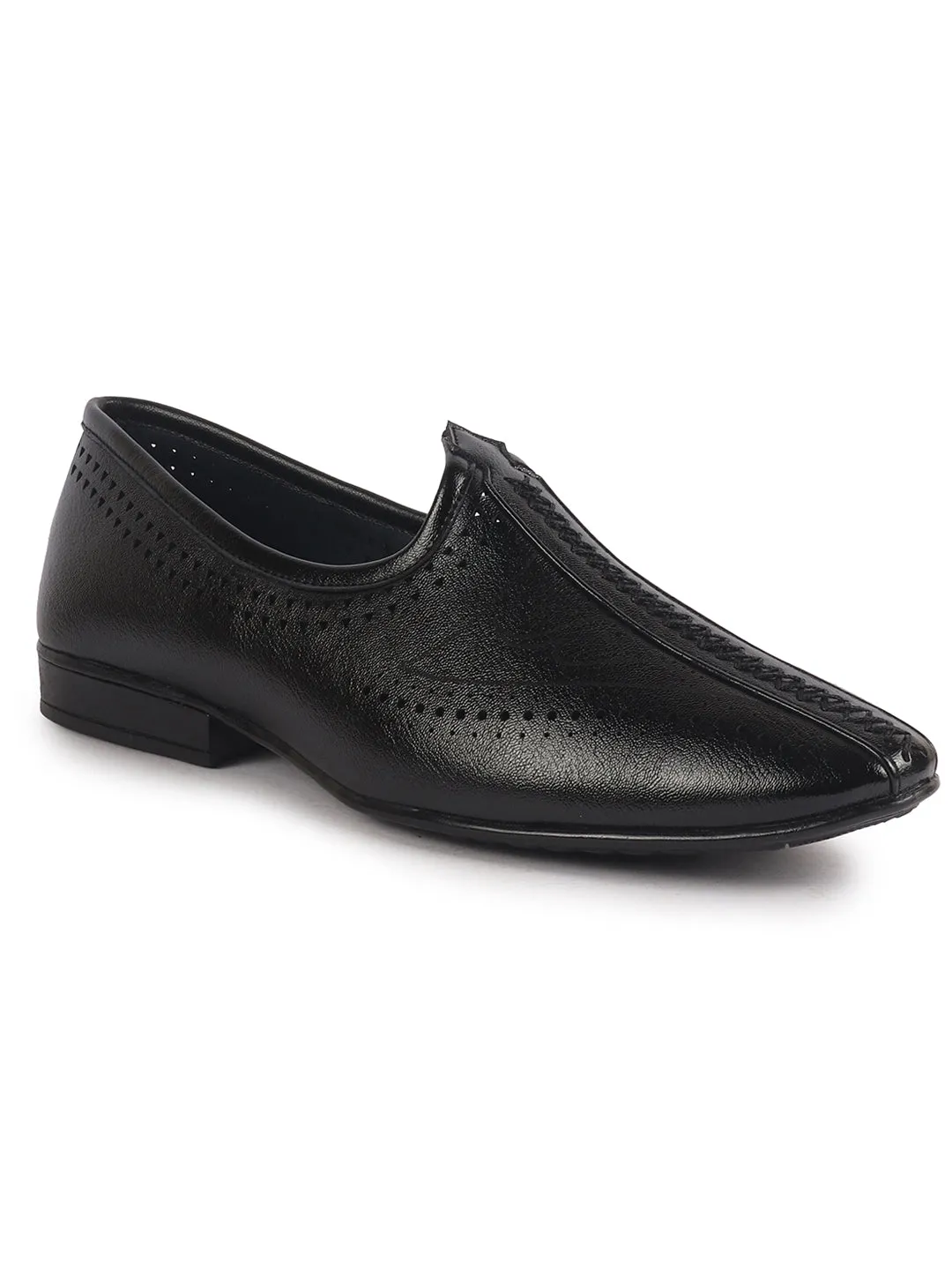 Men Black Breathable Slip On Ethnic Juttis and Mojaris for Wedding|Party Slip On Evening Shoes|Traditional Striped Mojaris