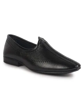 Men Black Breathable Slip On Ethnic Juttis and Mojaris for Wedding|Party Slip On Evening Shoes|Traditional Striped Mojaris
