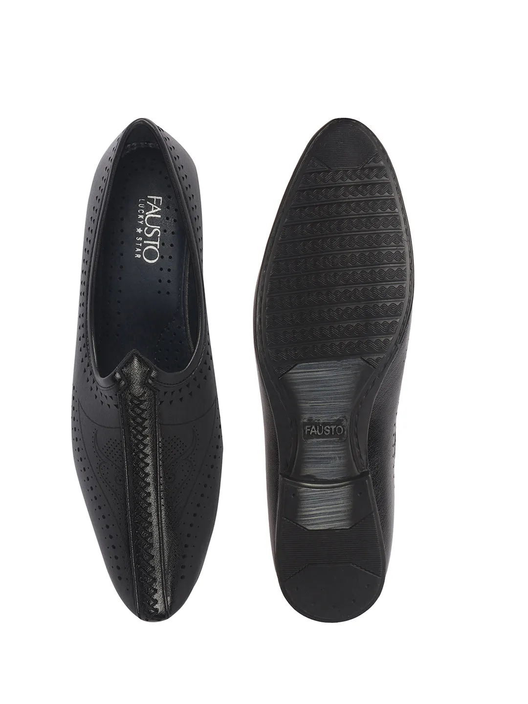 Men Black Breathable Slip On Ethnic Juttis and Mojaris for Wedding|Party Slip On Evening Shoes|Traditional Striped Mojaris