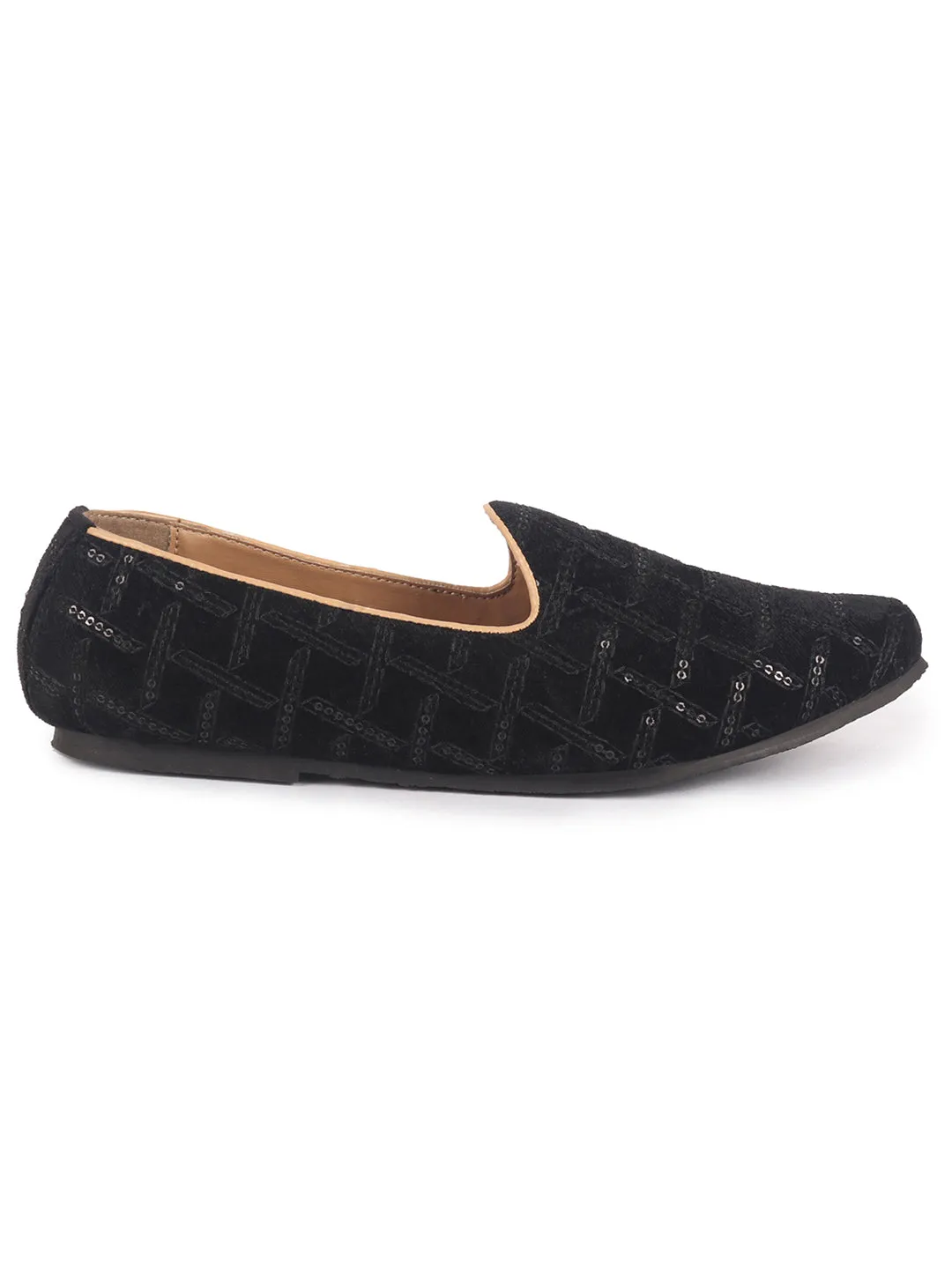 Men Black Embroidery Sequin Ethnic Slip On Juttis and Mojaris for Wedding|Traditional Sherwani Shoes|Festive Slip-On For Kurtas