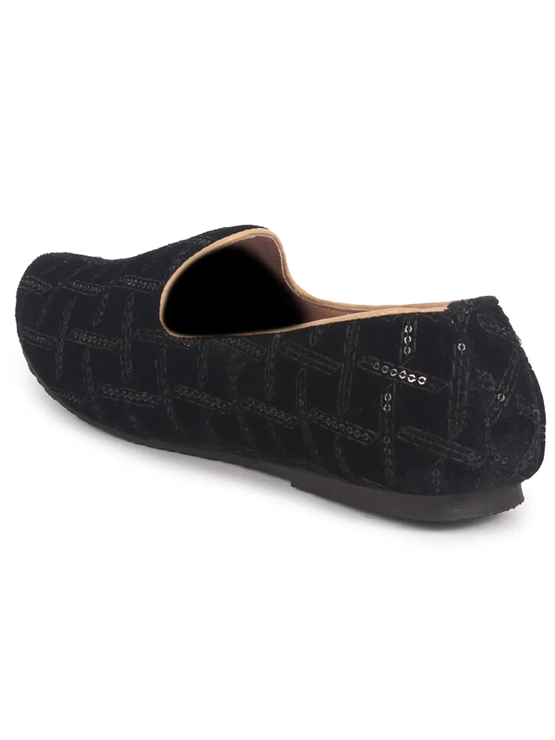 Men Black Embroidery Sequin Ethnic Slip On Juttis and Mojaris for Wedding|Traditional Sherwani Shoes|Festive Slip-On For Kurtas
