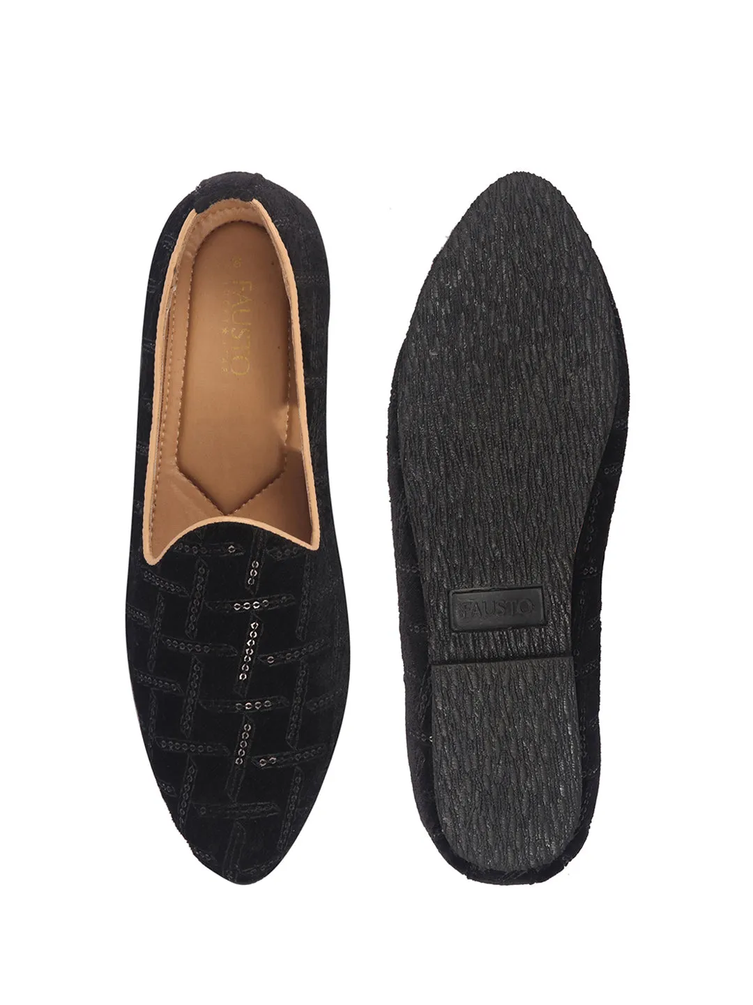 Men Black Embroidery Sequin Ethnic Slip On Juttis and Mojaris for Wedding|Traditional Sherwani Shoes|Festive Slip-On For Kurtas