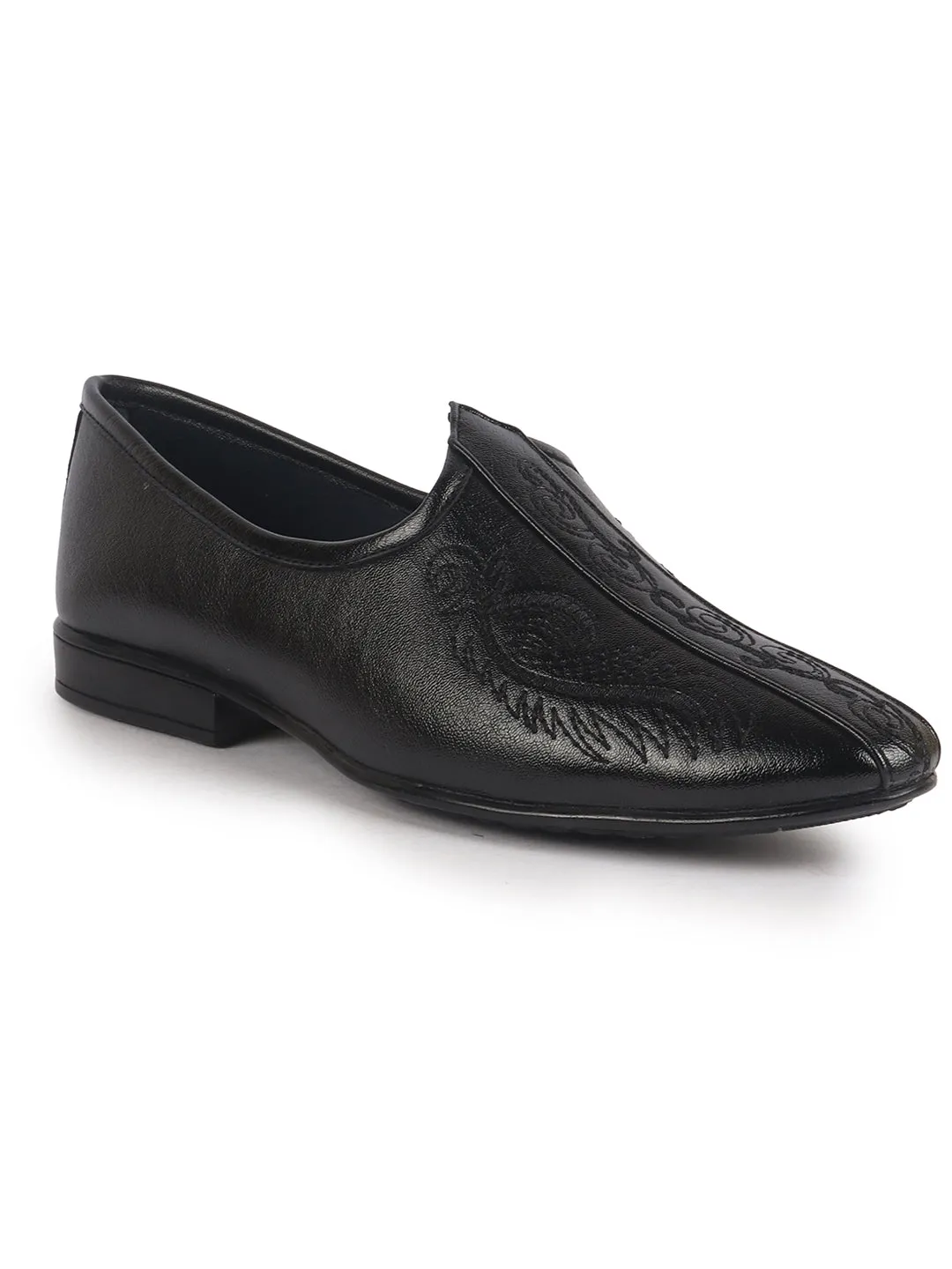 Men Black Embroidery Traditional Wedding Slip On Ethnic Juttis and Mojaris|Party Slip On Evening Shoes|Striped Mojaris