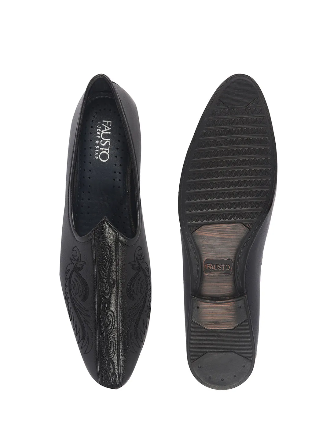 Men Black Embroidery Traditional Wedding Slip On Ethnic Juttis and Mojaris|Party Slip On Evening Shoes|Striped Mojaris