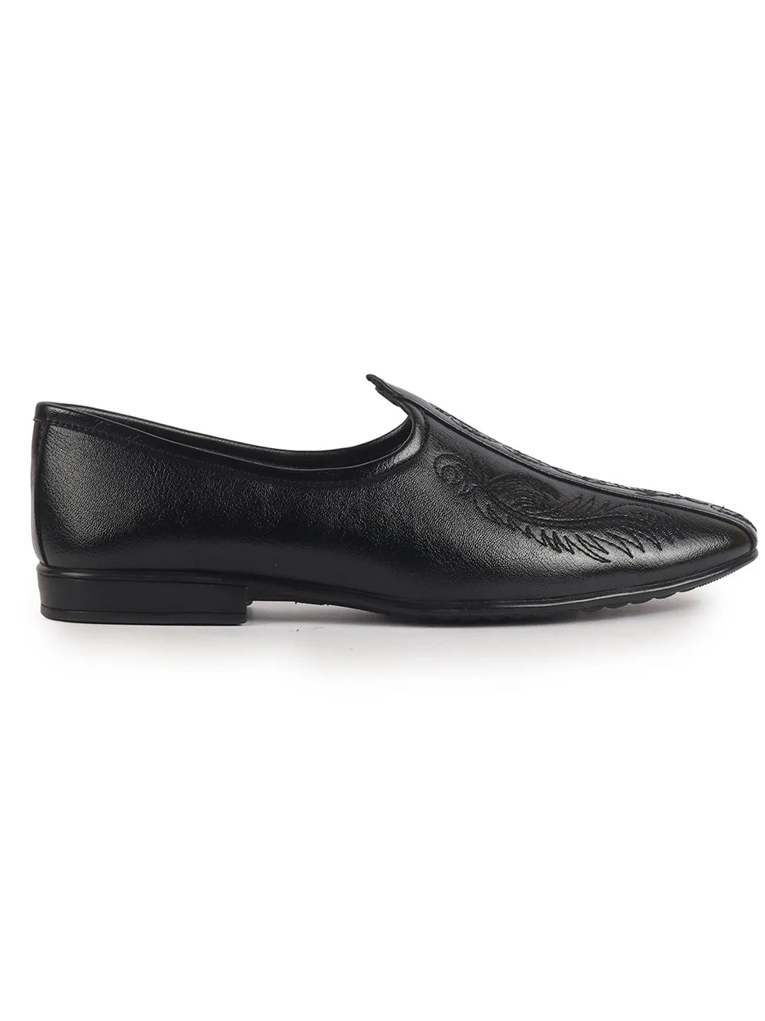 Men Black Embroidery Traditional Wedding Slip On Ethnic Juttis and Mojaris|Party Slip On Evening Shoes|Striped Mojaris