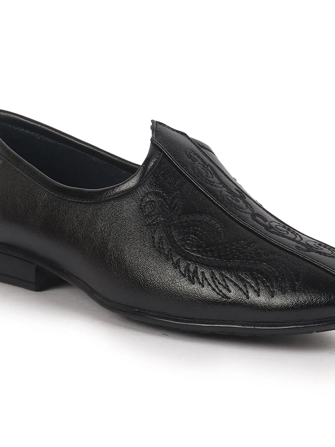 Men Black Embroidery Traditional Wedding Slip On Ethnic Juttis and Mojaris|Party Slip On Evening Shoes|Striped Mojaris