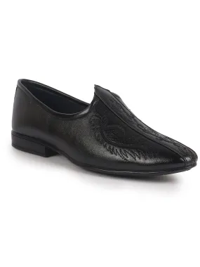 Men Black Embroidery Traditional Wedding Slip On Ethnic Juttis and Mojaris|Party Slip On Evening Shoes|Striped Mojaris