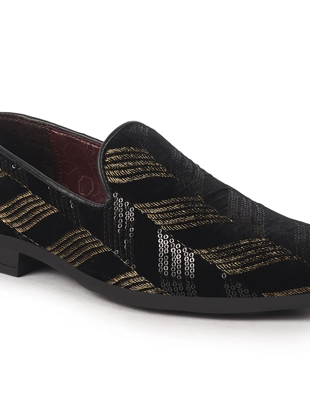 Men Black Gold Silk Zardosi Sequin Velvet Ethnic Slip On Juttis and Mojaris for Wedding|Traditional Sherwani Shoes|Prom Slip-On Tuxedo Shoes