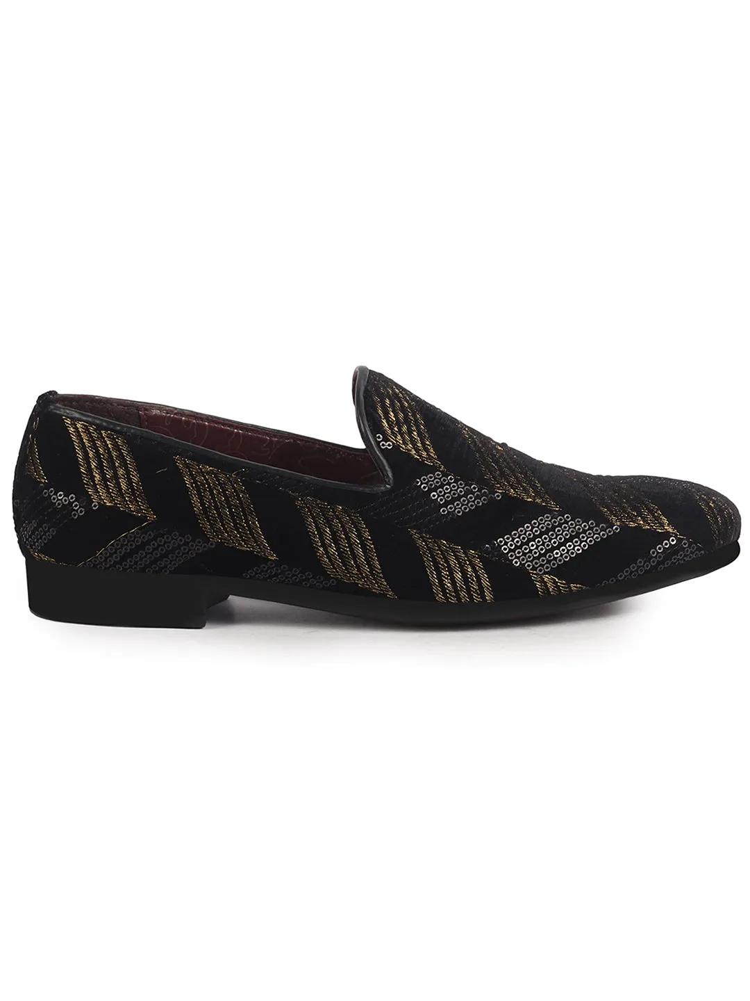 Men Black Gold Silk Zardosi Sequin Velvet Ethnic Slip On Juttis and Mojaris for Wedding|Traditional Sherwani Shoes|Prom Slip-On Tuxedo Shoes