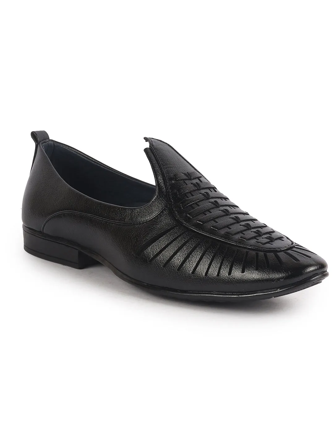 Men Black Laser Cut Knitted Ethnic Slip On Juttis and Mojaris for Wedding|Party Slip-On|Traditional Kurtas Shoes|Flexible Rubber Sole