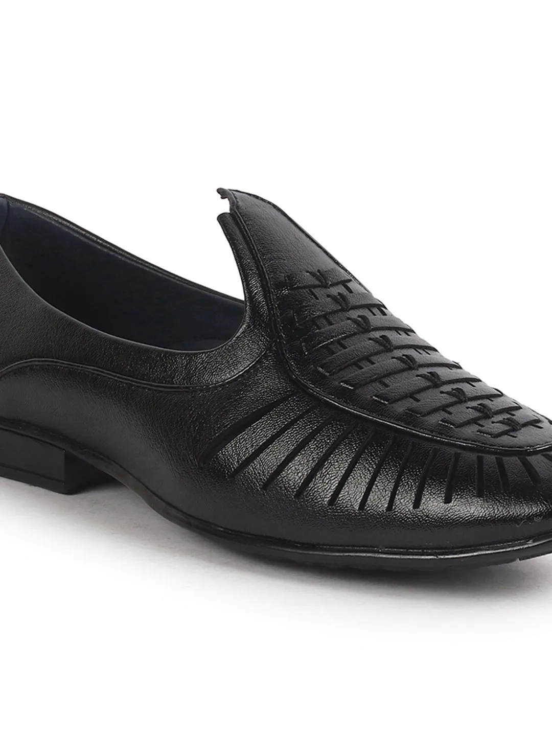 Men Black Laser Cut Knitted Ethnic Slip On Juttis and Mojaris for Wedding|Party Slip-On|Traditional Kurtas Shoes|Flexible Rubber Sole