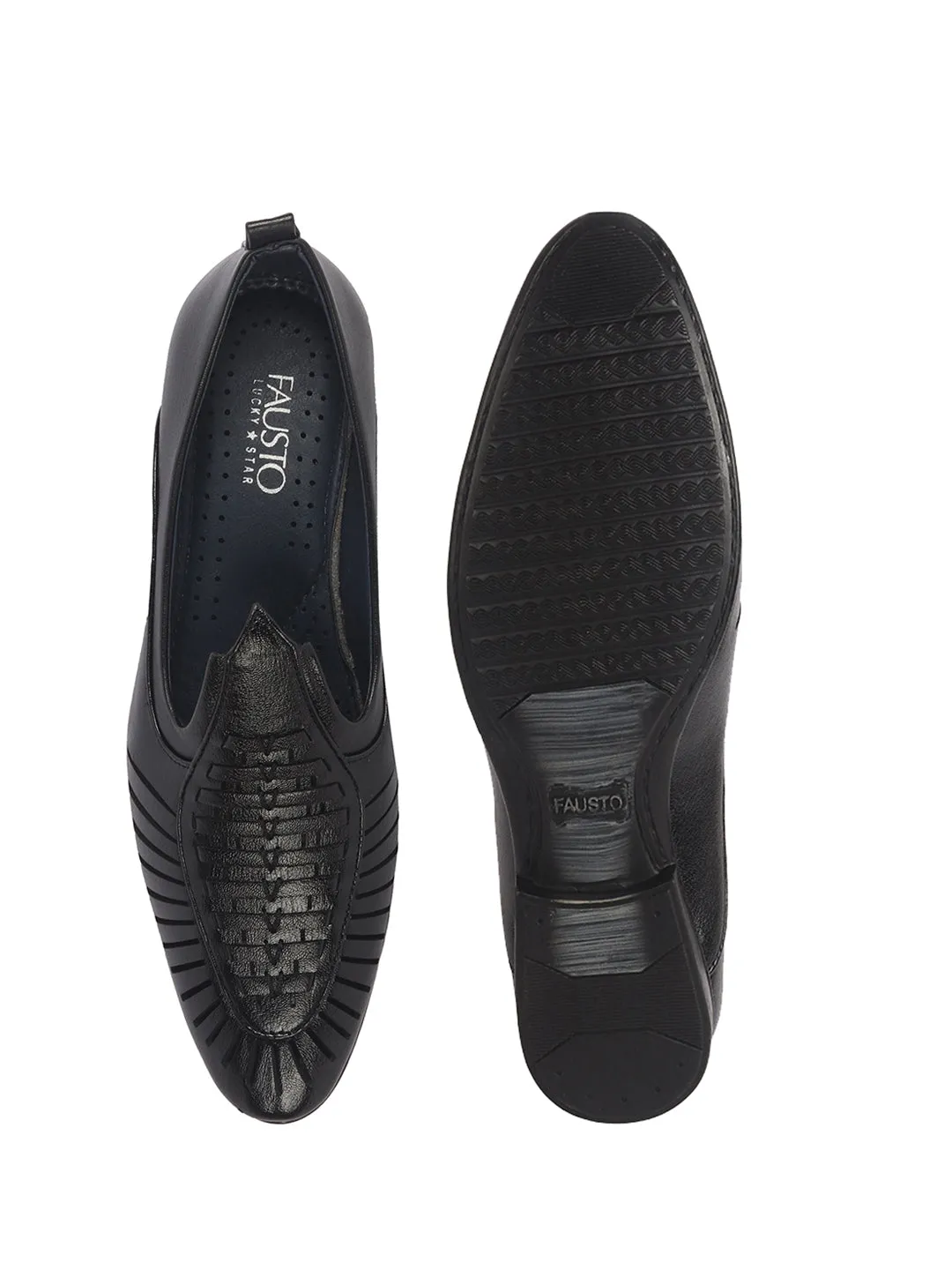 Men Black Laser Cut Knitted Ethnic Slip On Juttis and Mojaris for Wedding|Party Slip-On|Traditional Kurtas Shoes|Flexible Rubber Sole