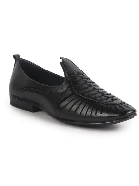 Men Black Laser Cut Knitted Ethnic Slip On Juttis and Mojaris for Wedding|Party Slip-On|Traditional Kurtas Shoes|Flexible Rubber Sole