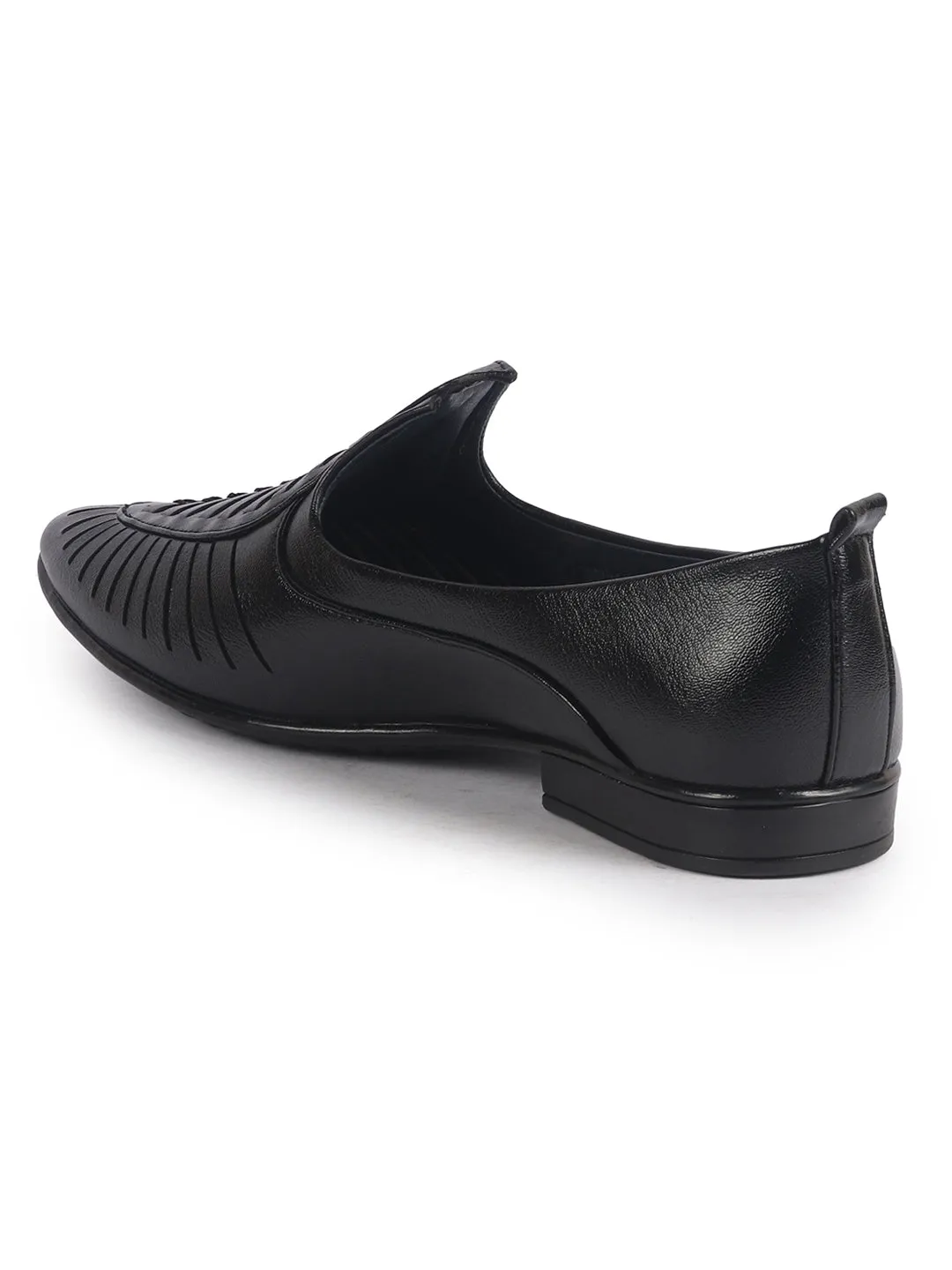 Men Black Laser Cut Knitted Ethnic Slip On Juttis and Mojaris for Wedding|Party Slip-On|Traditional Kurtas Shoes|Flexible Rubber Sole