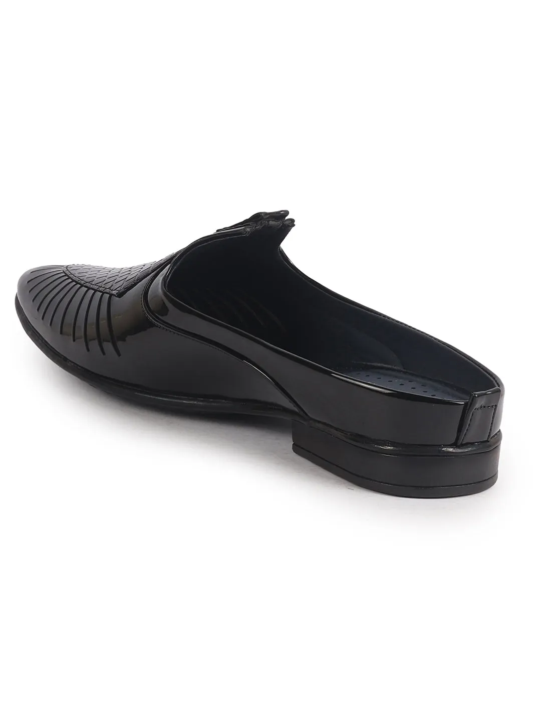 Men Black Patent Leather Back Open Ethnic Slip On Juttis and Mojaris for Wedding|Festive Slip-On|Traditional Sherwani Shoes