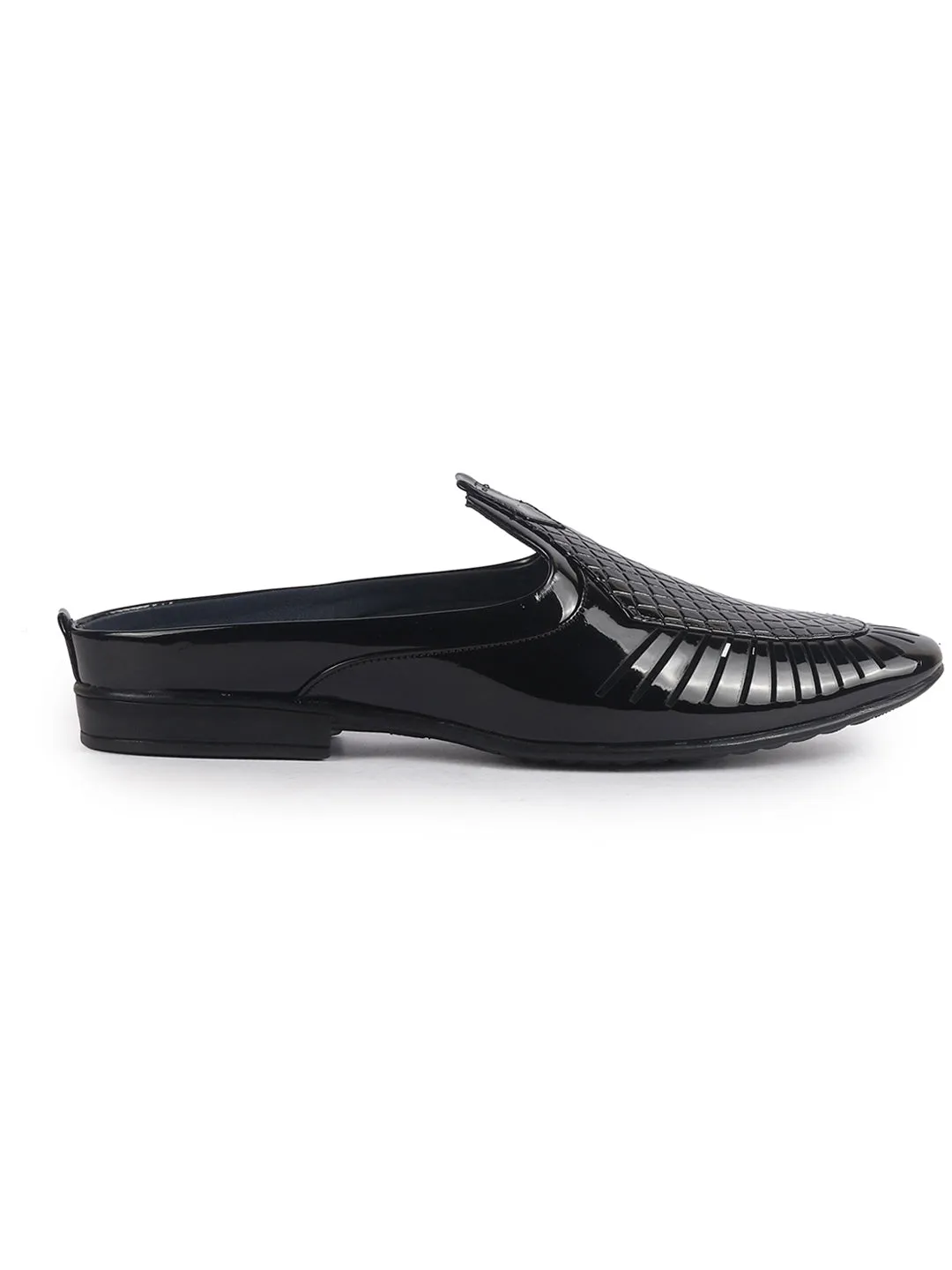 Men Black Patent Leather Back Open Ethnic Slip On Juttis and Mojaris for Wedding|Festive Slip-On|Traditional Sherwani Shoes