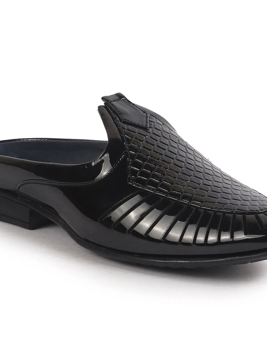 Men Black Patent Leather Back Open Ethnic Slip On Juttis and Mojaris for Wedding|Festive Slip-On|Traditional Sherwani Shoes