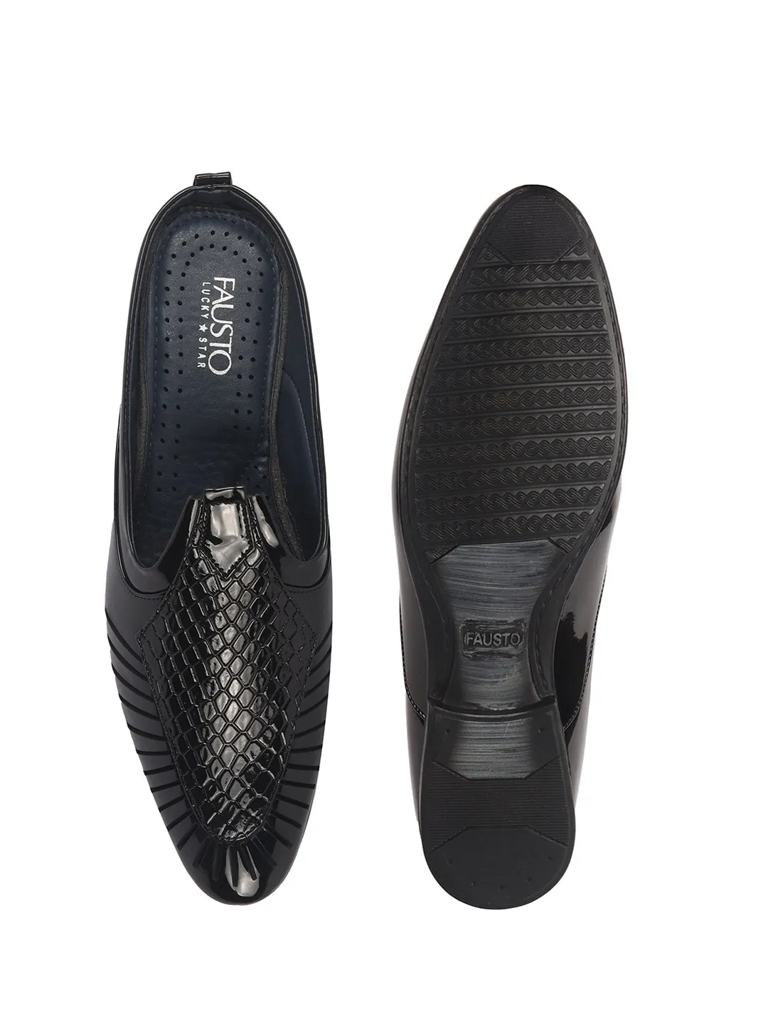 Men Black Patent Leather Back Open Ethnic Slip On Juttis and Mojaris for Wedding|Festive Slip-On|Traditional Sherwani Shoes