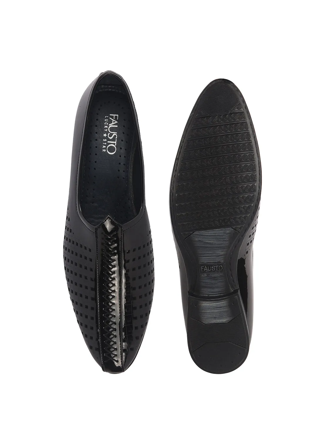 Men Black Patent Leather Breathable Traditional Wedding Slip On Ethnic Juttis and Mojaris|Party Slip On Evening Shoes|Striped Mojaris
