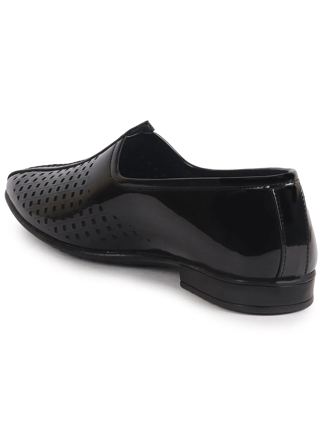 Men Black Patent Leather Breathable Traditional Wedding Slip On Ethnic Juttis and Mojaris|Party Slip On Evening Shoes|Striped Mojaris