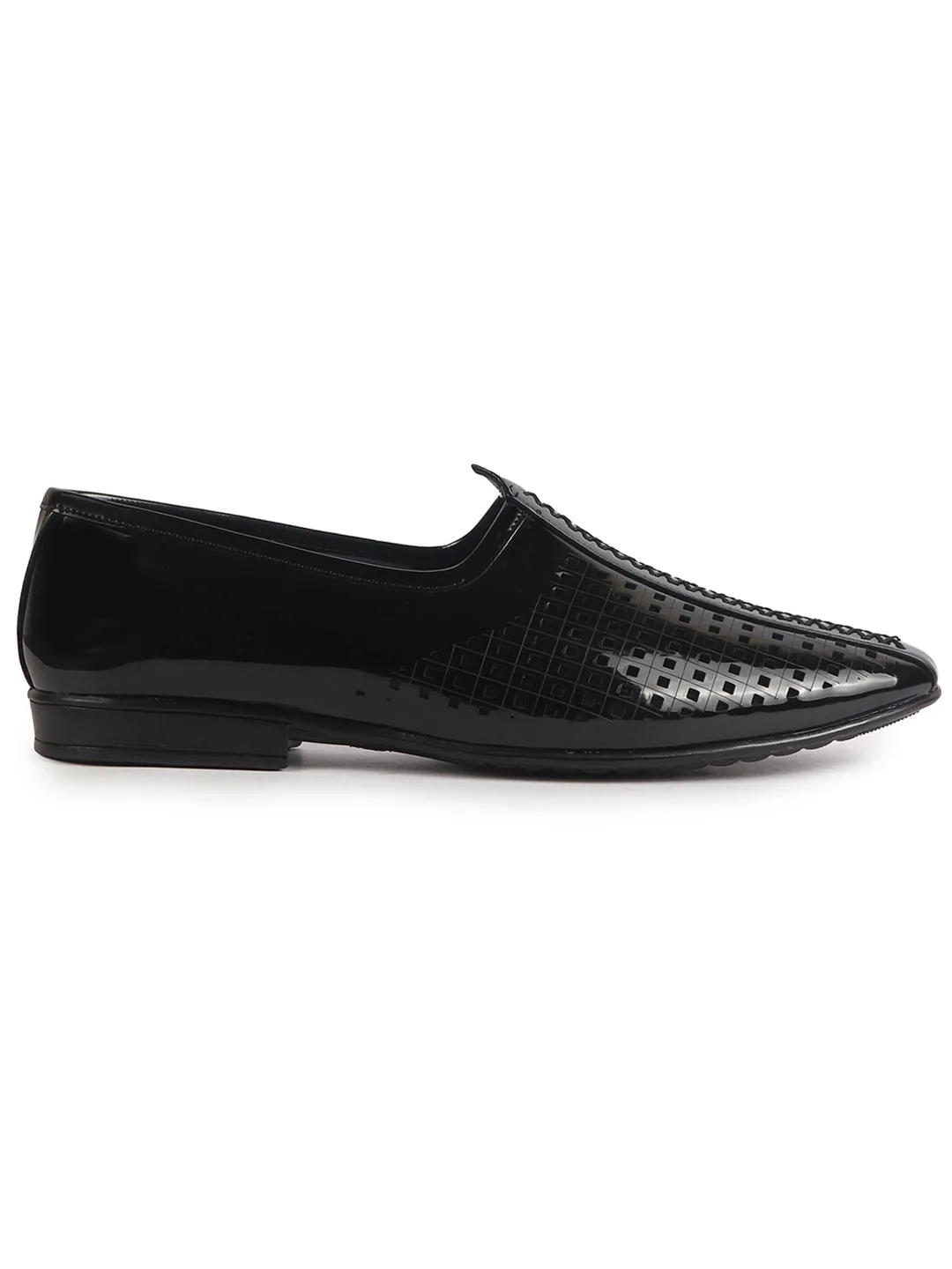 Men Black Patent Leather Breathable Traditional Wedding Slip On Ethnic Juttis and Mojaris|Party Slip On Evening Shoes|Striped Mojaris