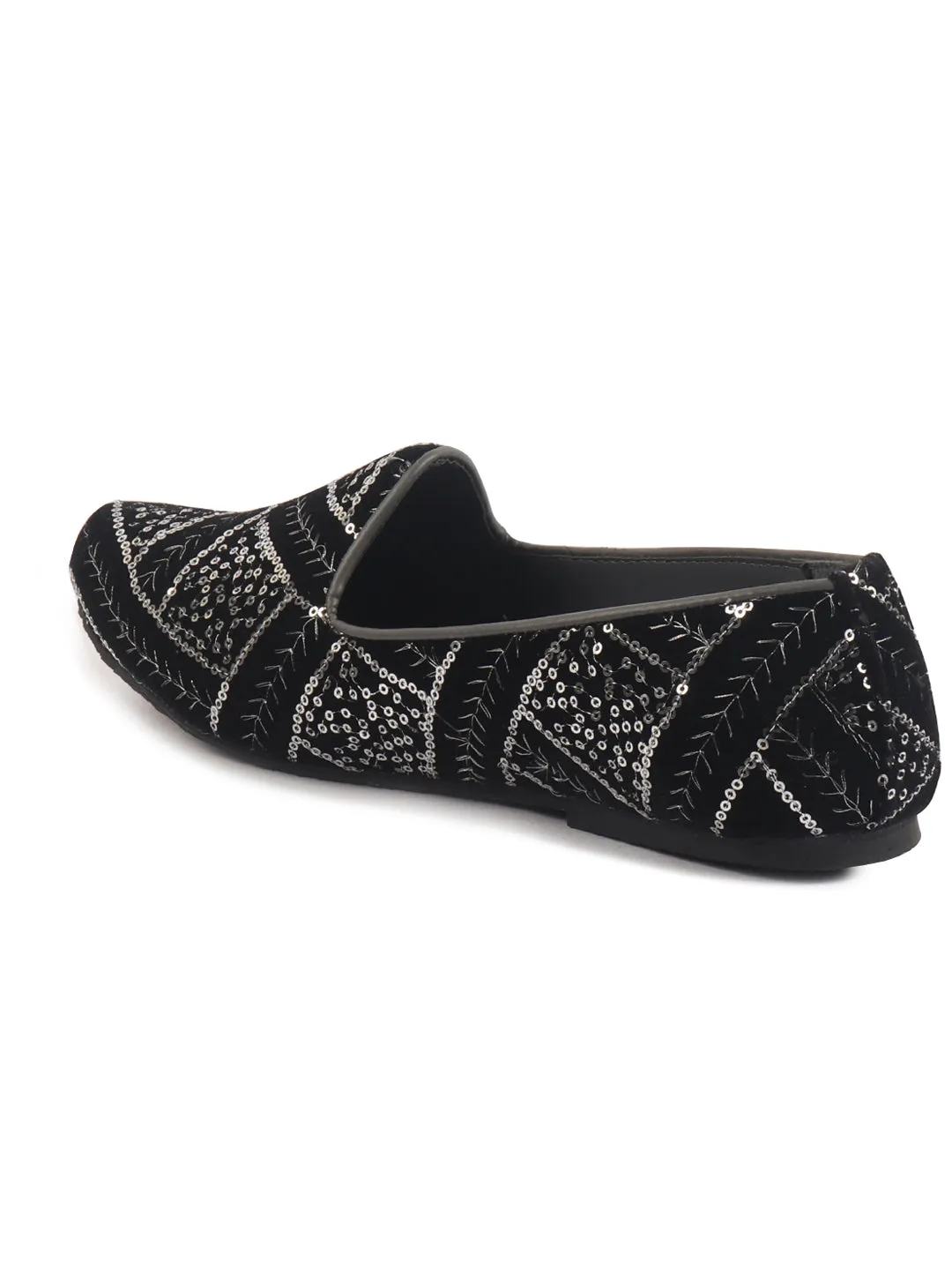 Men Black Silk Zardosi Sequin Velvet Ethnic Slip On Juttis and Mojaris for Wedding|Indian Traditional Sherwani Shoes|Groom Slip On Shoes