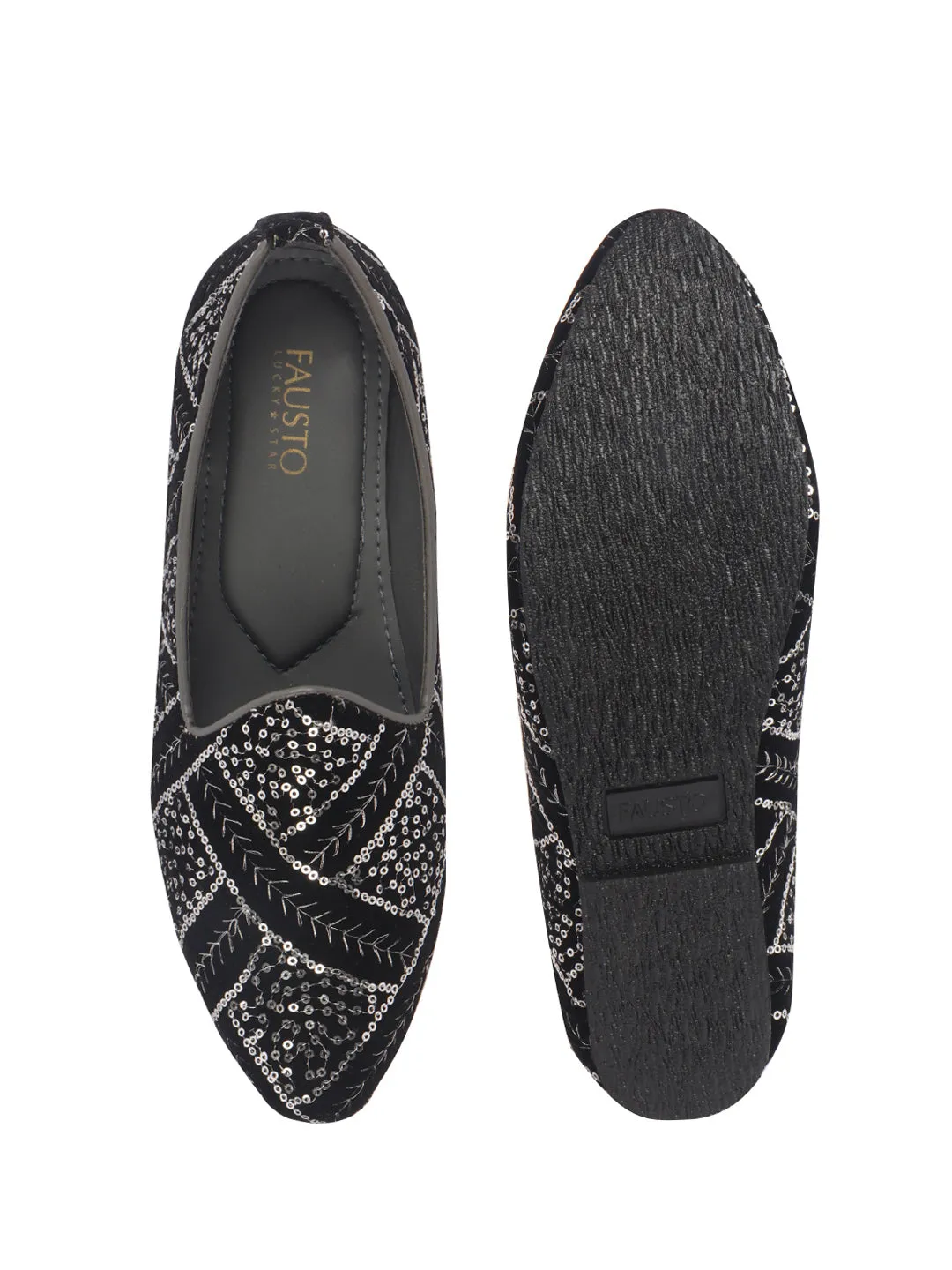 Men Black Silk Zardosi Sequin Velvet Ethnic Slip On Juttis and Mojaris for Wedding|Indian Traditional Sherwani Shoes|Groom Slip On Shoes