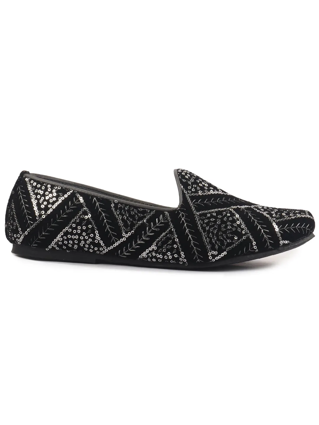 Men Black Silk Zardosi Sequin Velvet Ethnic Slip On Juttis and Mojaris for Wedding|Indian Traditional Sherwani Shoes|Groom Slip On Shoes
