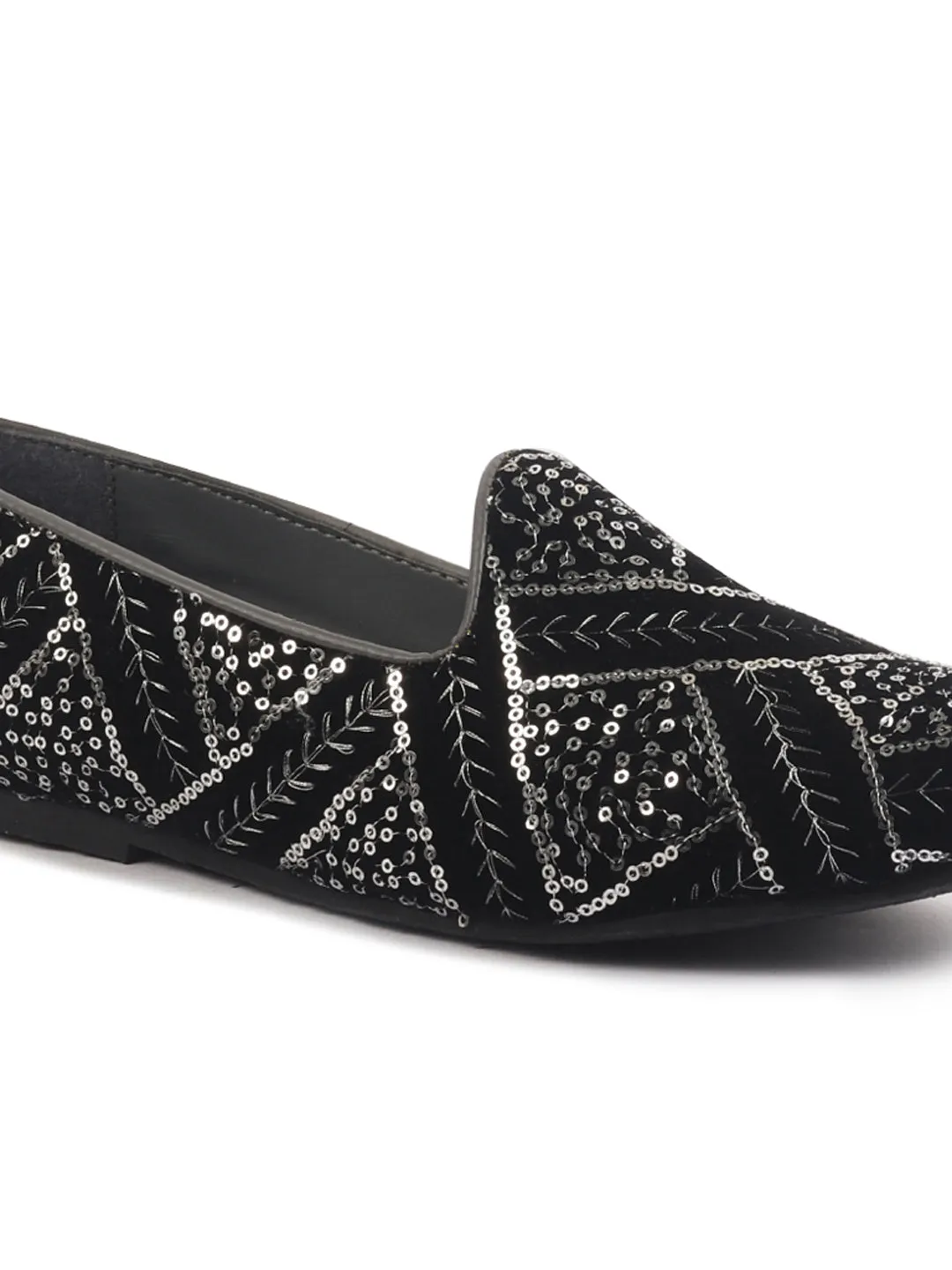 Men Black Silk Zardosi Sequin Velvet Ethnic Slip On Juttis and Mojaris for Wedding|Indian Traditional Sherwani Shoes|Groom Slip On Shoes
