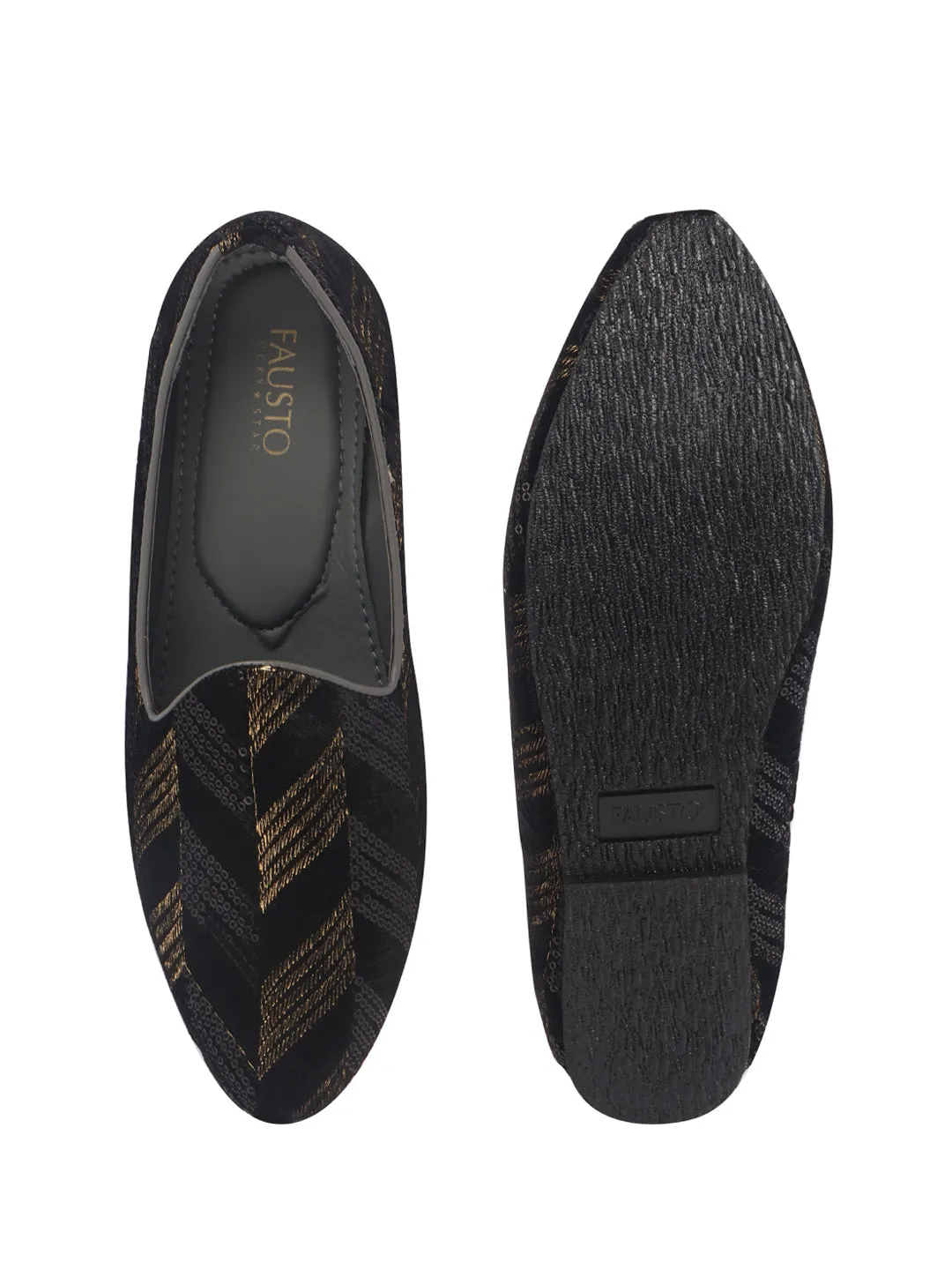 Men Black Silk Zardosi Sequin Velvet Ethnic Slip On Juttis and Mojaris for Wedding|Traditional Sherwani Shoes|Prom Slip-On Tuxedo Shoes
