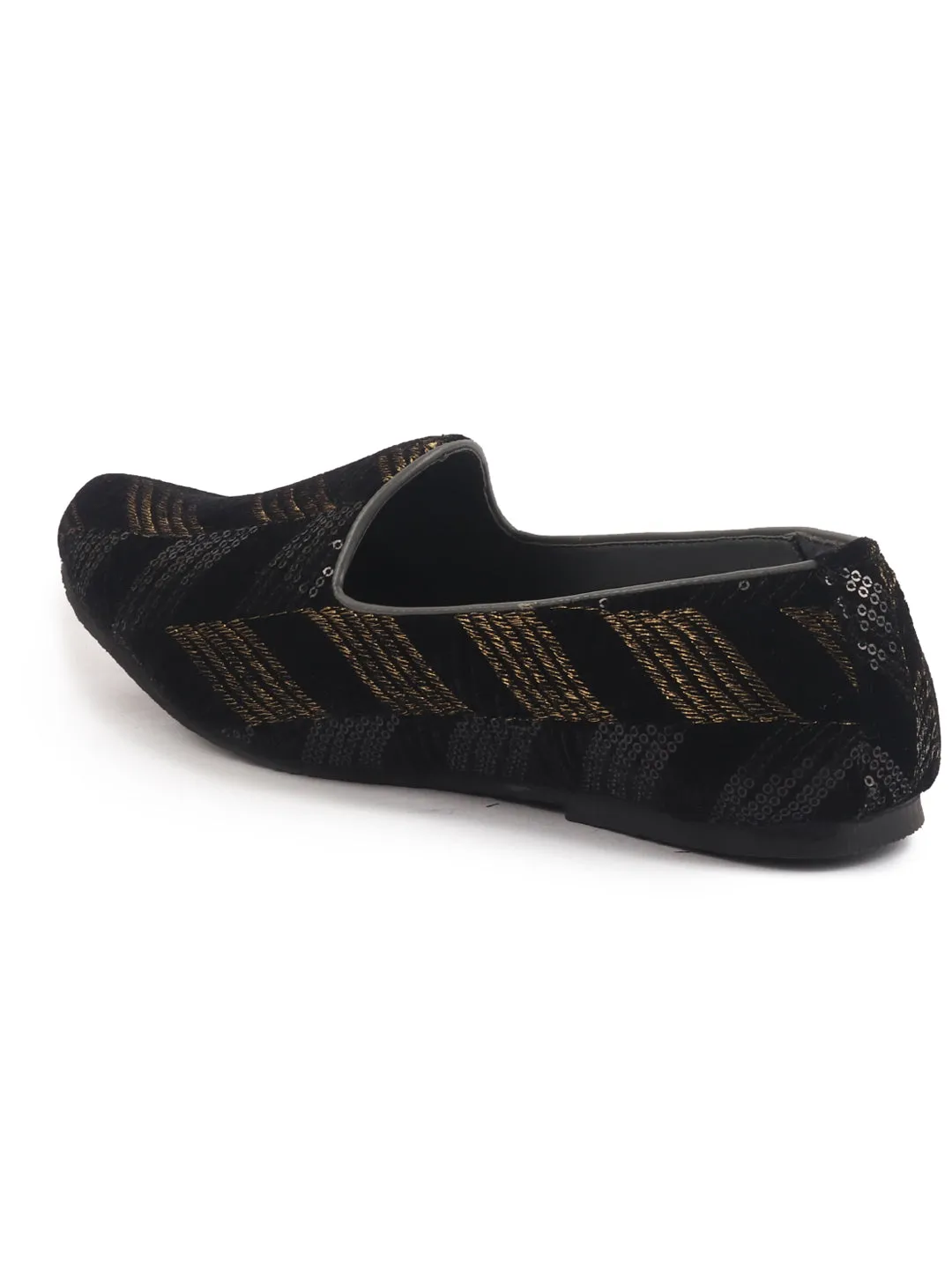 Men Black Silk Zardosi Sequin Velvet Ethnic Slip On Juttis and Mojaris for Wedding|Traditional Sherwani Shoes|Prom Slip-On Tuxedo Shoes