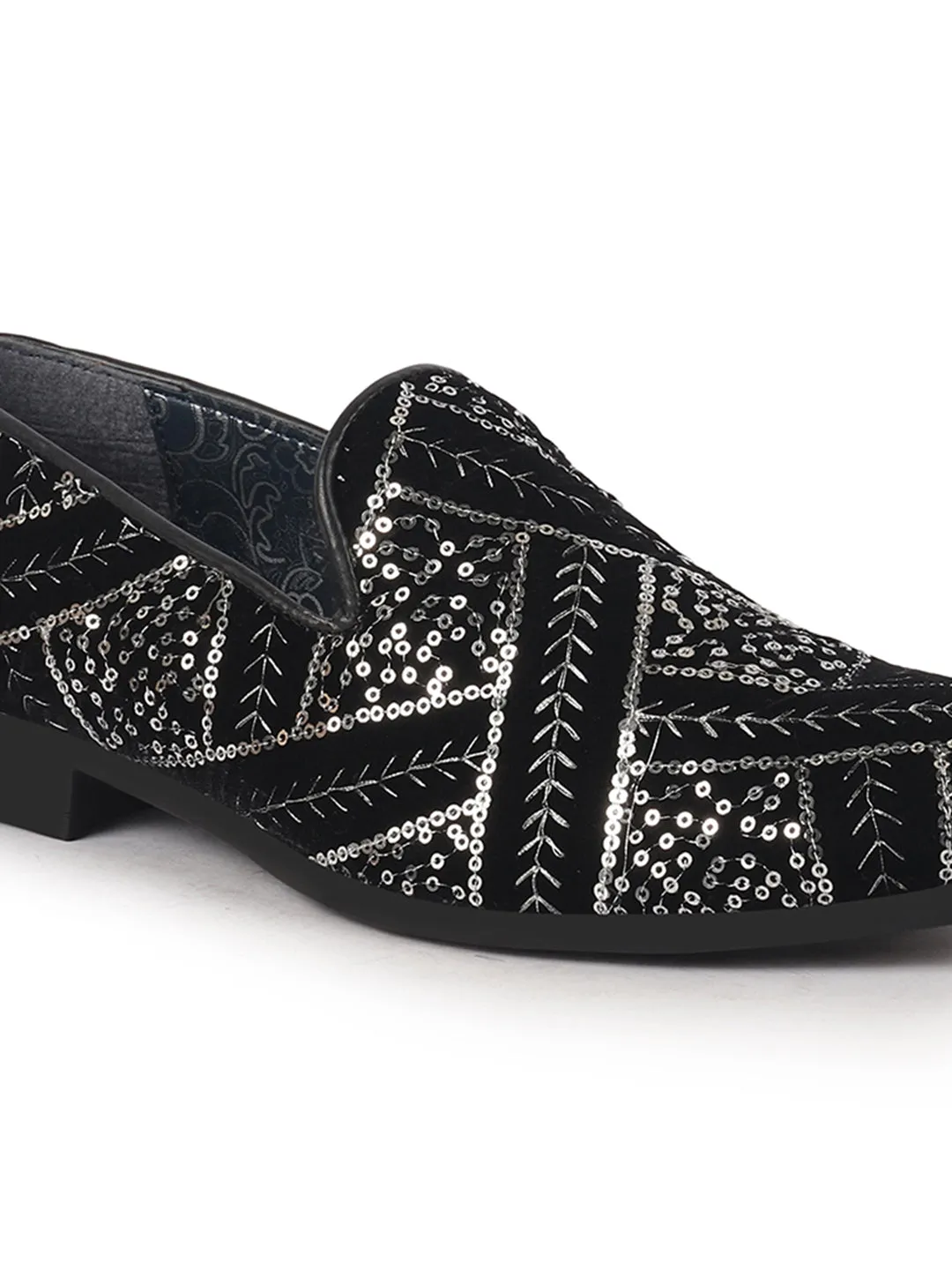 Men Black Silver Silk Zardosi Sequin Velvet Ethnic Slip On Juttis and Mojaris for Wedding|Indian Traditional Sherwani Shoes|Groom Slip On Shoes