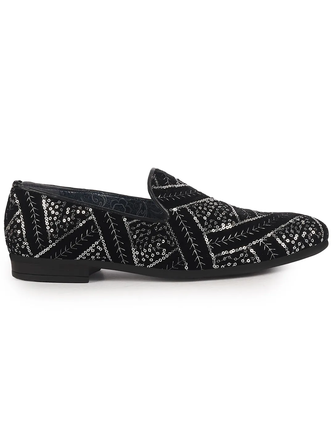 Men Black Silver Silk Zardosi Sequin Velvet Ethnic Slip On Juttis and Mojaris for Wedding|Indian Traditional Sherwani Shoes|Groom Slip On Shoes