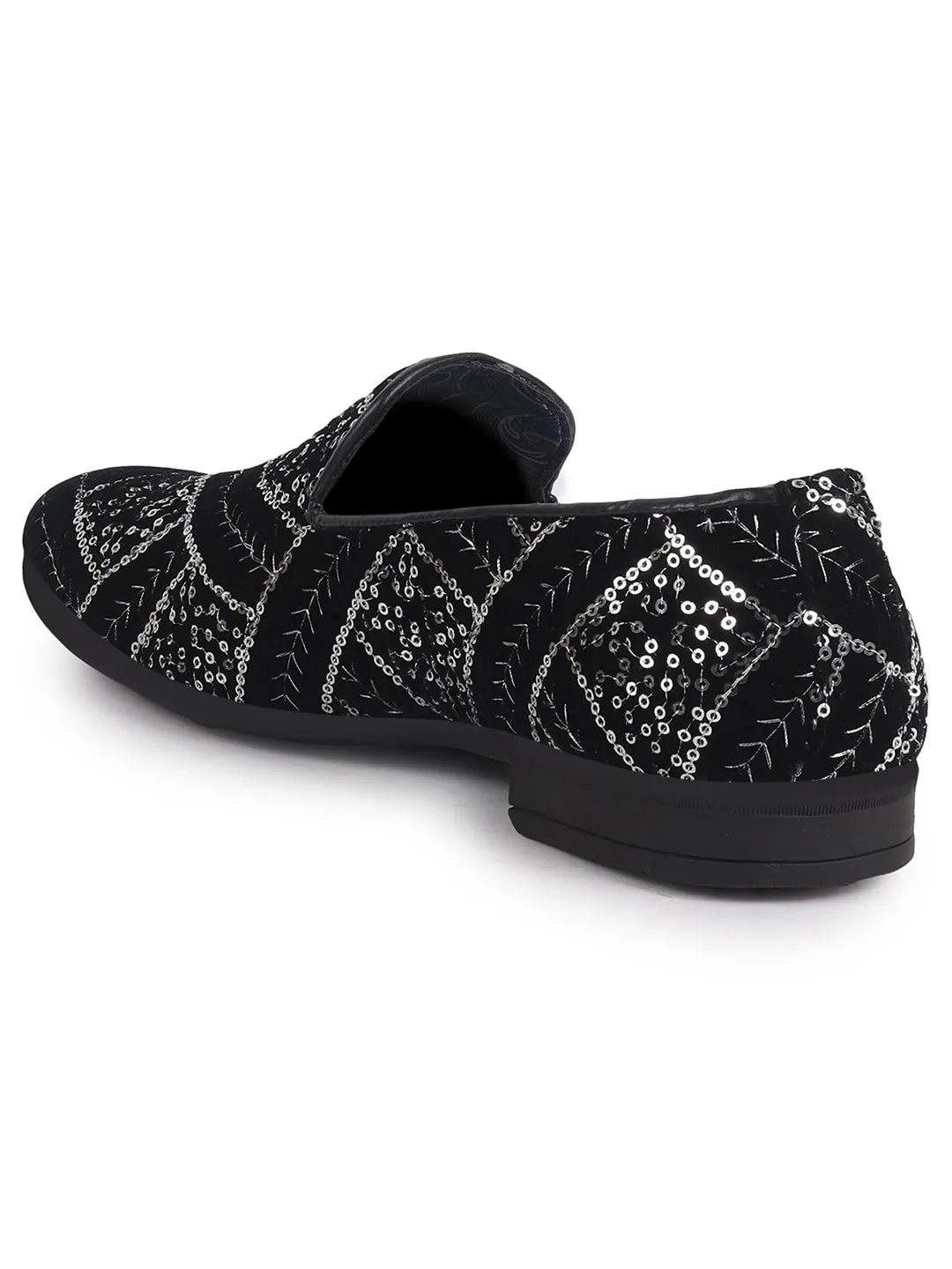Men Black Silver Silk Zardosi Sequin Velvet Ethnic Slip On Juttis and Mojaris for Wedding|Indian Traditional Sherwani Shoes|Groom Slip On Shoes