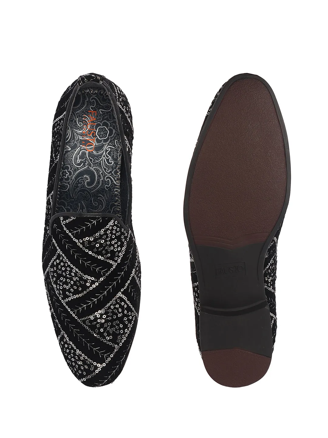 Men Black Silver Silk Zardosi Sequin Velvet Ethnic Slip On Juttis and Mojaris for Wedding|Indian Traditional Sherwani Shoes|Groom Slip On Shoes