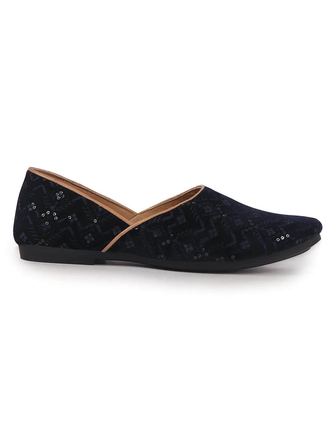 Men Blue Embroidery Sequin Ethnic Half Cut Slip On Juttis and Mojaris for Wedding|Traditional Sherwani Shoes|Slip-On For Nehru Jackets