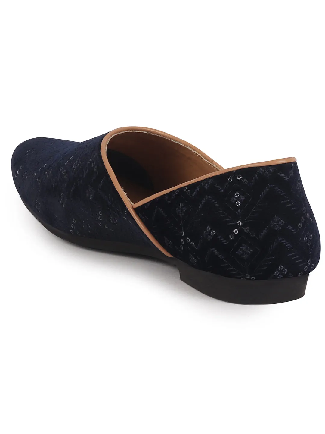 Men Blue Embroidery Sequin Ethnic Half Cut Slip On Juttis and Mojaris for Wedding|Traditional Sherwani Shoes|Slip-On For Nehru Jackets