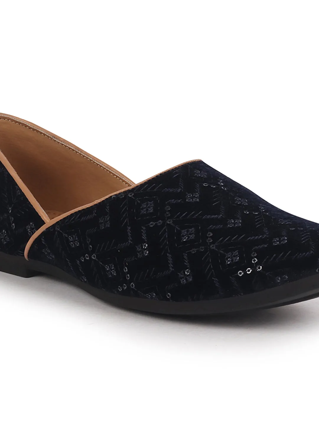 Men Blue Embroidery Sequin Ethnic Half Cut Slip On Juttis and Mojaris for Wedding|Traditional Sherwani Shoes|Slip-On For Nehru Jackets