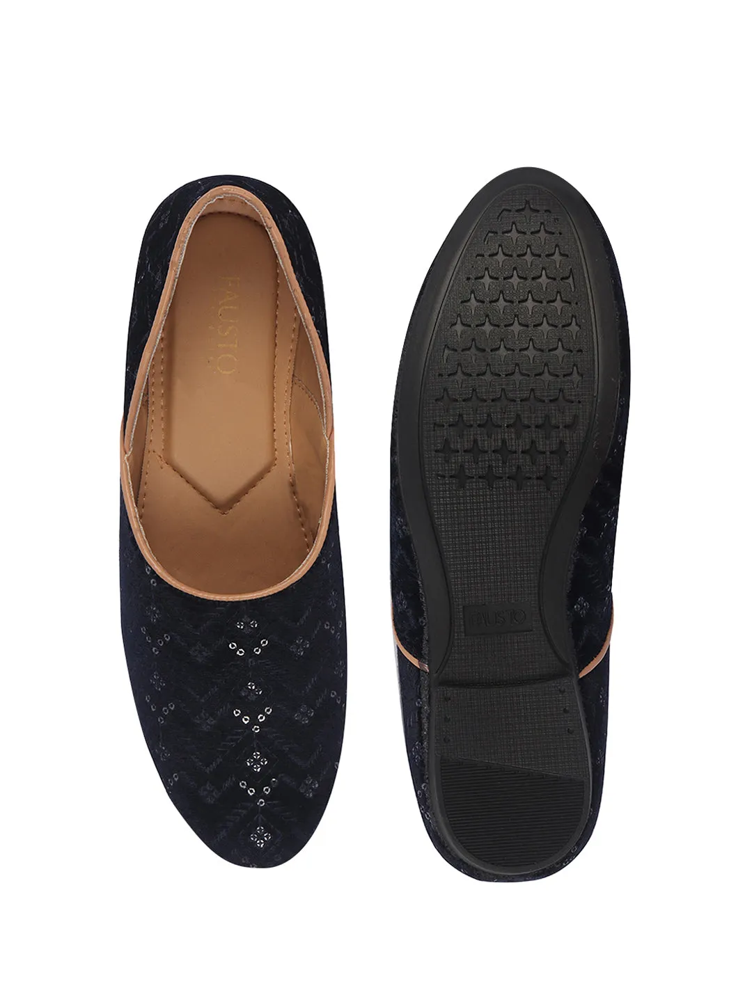 Men Blue Embroidery Sequin Ethnic Half Cut Slip On Juttis and Mojaris for Wedding|Traditional Sherwani Shoes|Slip-On For Nehru Jackets