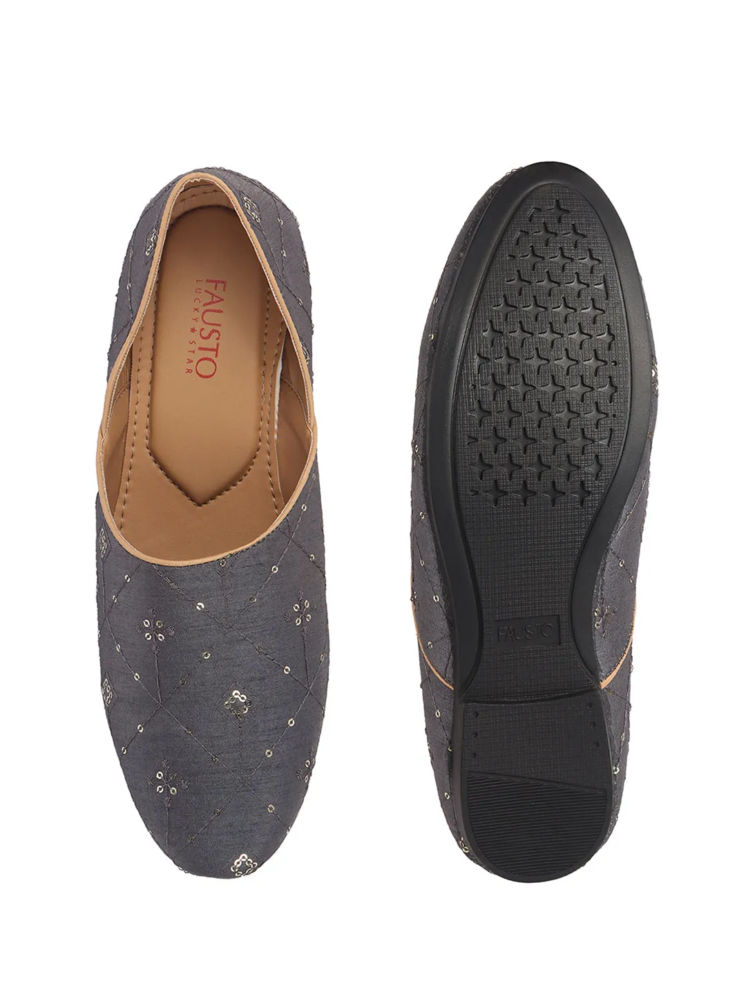 Men Blue Embroidery Sequin Ethnic Slip On Half Cut Juttis and Mojaris for Wedding|Festive Party Slip-On|Traditional Sherwani Shoes