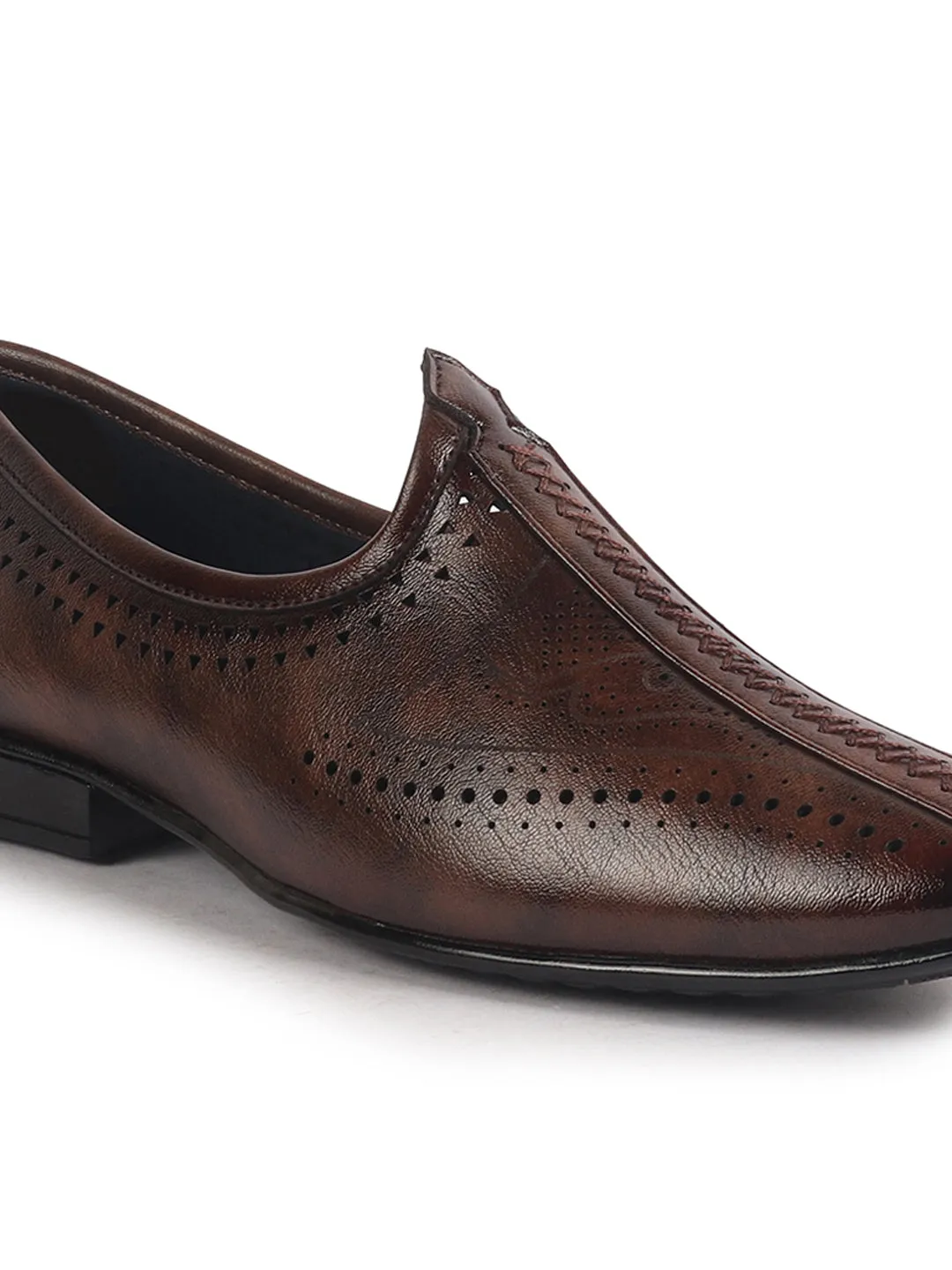 Men Brown Breathable Slip On Ethnic Juttis and Mojaris for Wedding|Party Slip On Evening Shoes|Traditional Striped Mojaris
